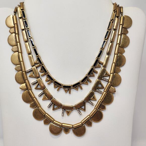 Stella and Dot Plume Gold Tone Black Blue Layered Statement Necklace Multi Wear - Picture 2 of 8